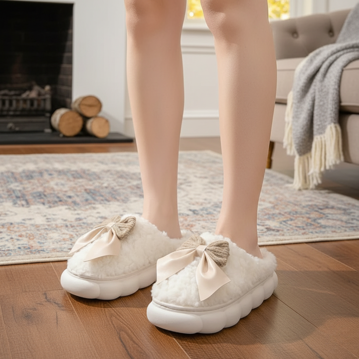 WinterRibbon Plush Slippers — Ribbon Detail in Green, Pink, Beige &amp; White