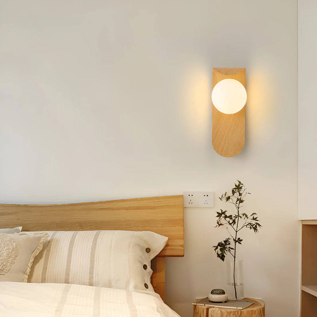 Scandinavisch Hout Bol Wandlamp | Minimalistisch LED Warm Licht