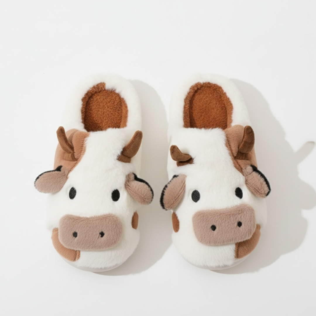 MeadowMoo Plush Slippers — Cow-Inspired Novelty in Black &amp; Brown