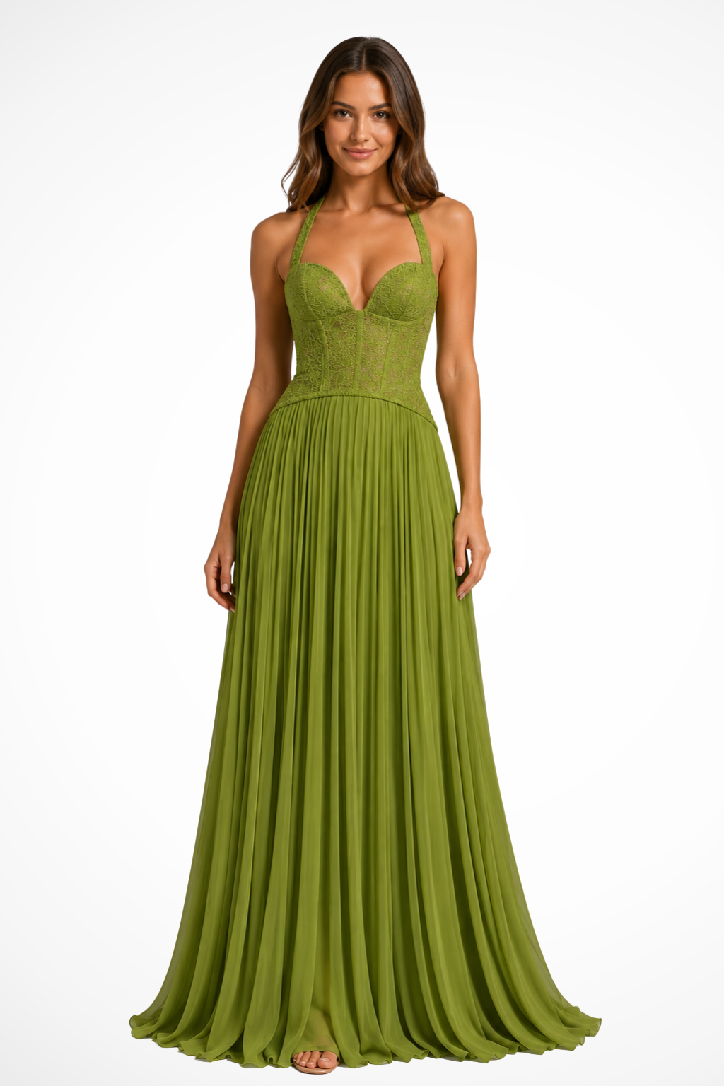 Arabesca — Halter Corset Pleated Maxi Dress For Sophisticated Wedding Guest Outfit