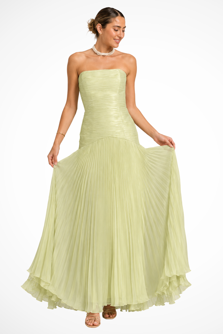 Celeste — Strapless Pleated Drop Waist Maxi Dress For Elegant Wedding Guest Style
