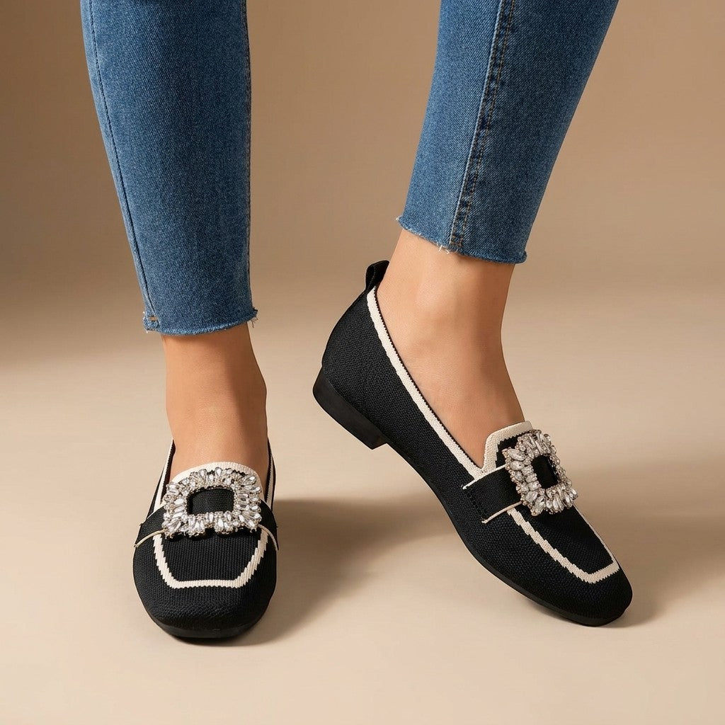 Loraine — Elegant Jewel Detail Slip-On Loafers With Stylish Square Toe Design