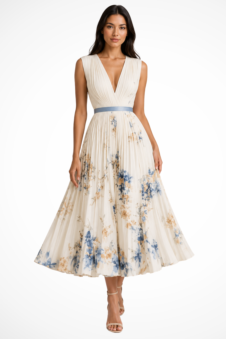 Maristella — Floral Print Midi Dress With Elegant Sleeveless V-Neck Summer Style