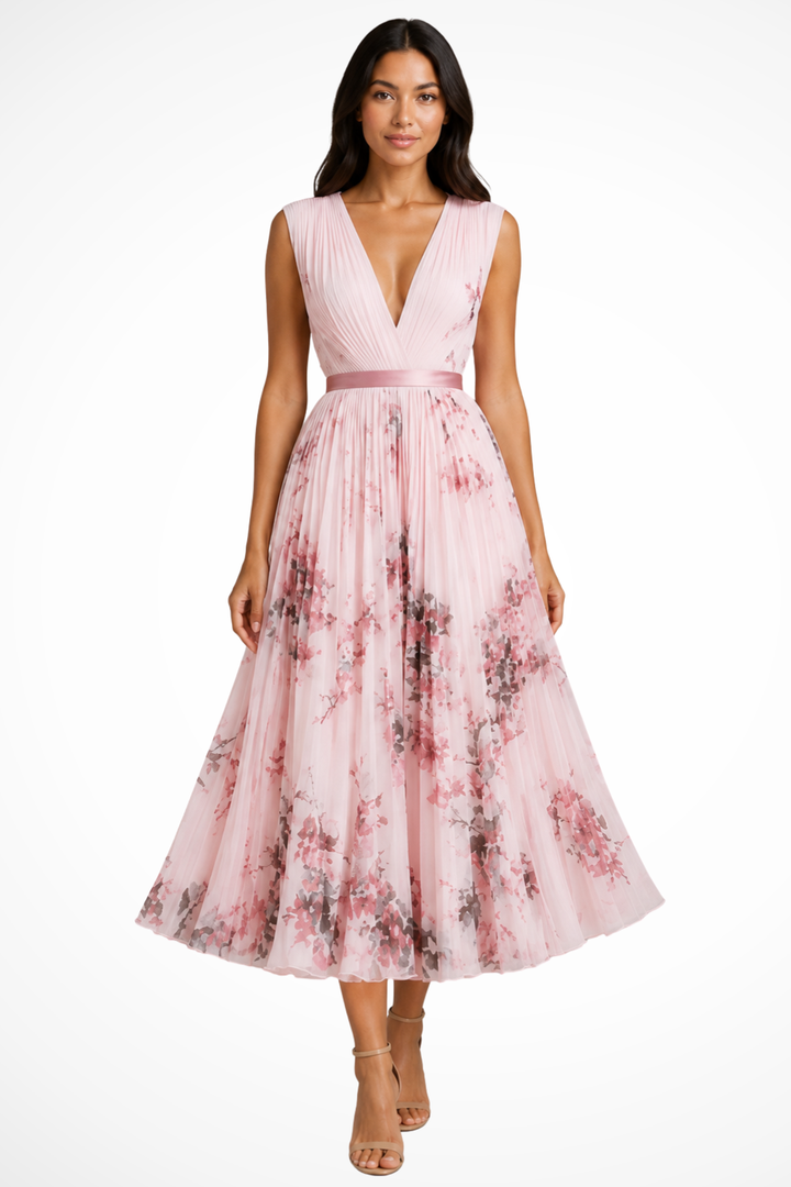 Maristella — Floral Print Midi Dress With Elegant Sleeveless V-Neck Summer Style
