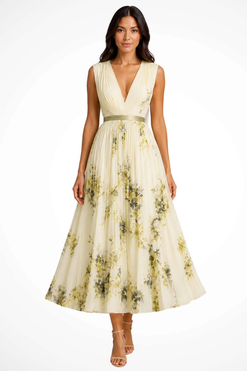 Maristella — Floral Print Midi Dress With Elegant Sleeveless V-Neck Summer Style