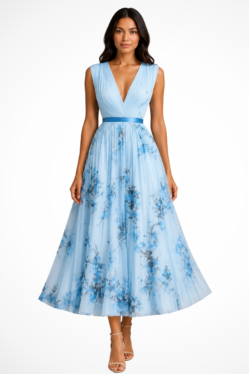 Maristella — Floral Print Midi Dress With Elegant Sleeveless V-Neck Summer Style