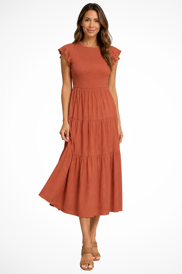 Marvelle — Lightweight Cotton Tiered Midi Dress With Flutter Sleeves And Shirred Waist