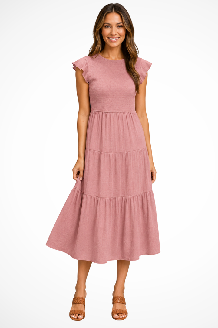 Marvelle — Lightweight Cotton Tiered Midi Dress With Flutter Sleeves And Shirred Waist