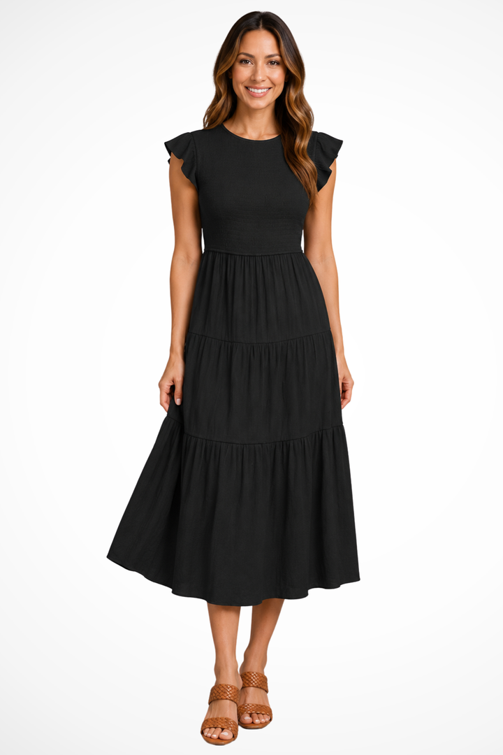 Marvelle — Lightweight Cotton Tiered Midi Dress With Flutter Sleeves And Shirred Waist