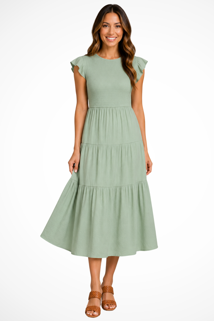 Marvelle — Lightweight Cotton Tiered Midi Dress With Flutter Sleeves And Shirred Waist