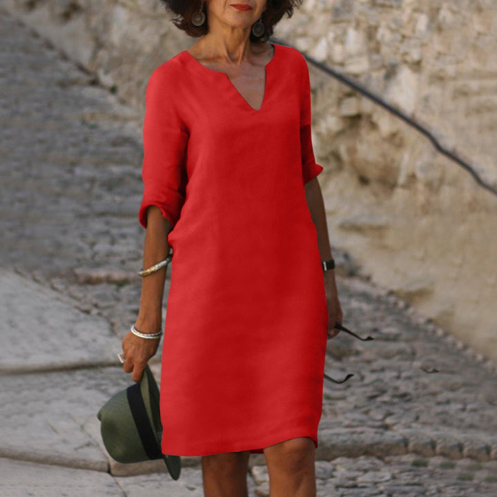 Camille — Comfortable V-Neck Midi Dress With Elegant 3/4 Sleeves