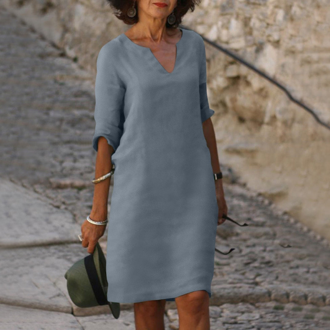 Camille — Comfortable V-Neck Midi Dress With Elegant 3/4 Sleeves