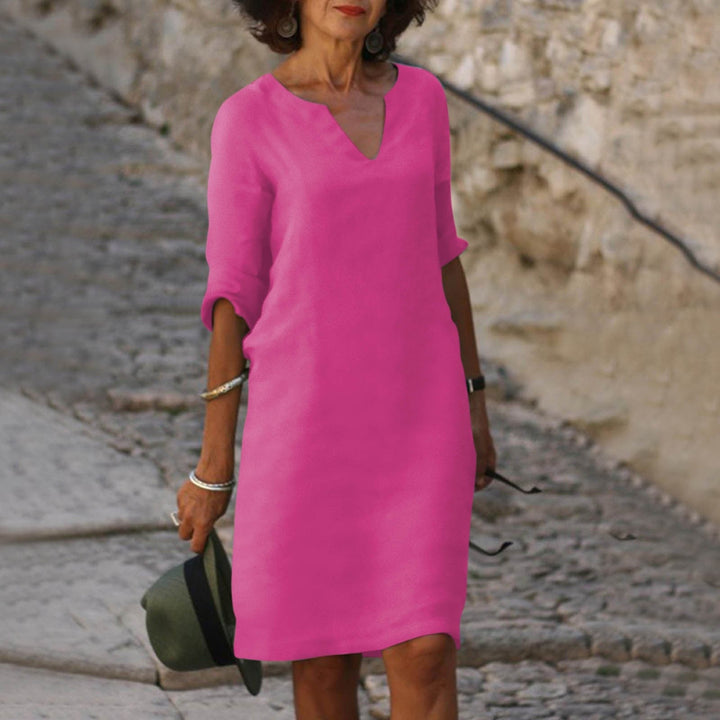 Camille — Comfortable V-Neck Midi Dress With Elegant 3/4 Sleeves