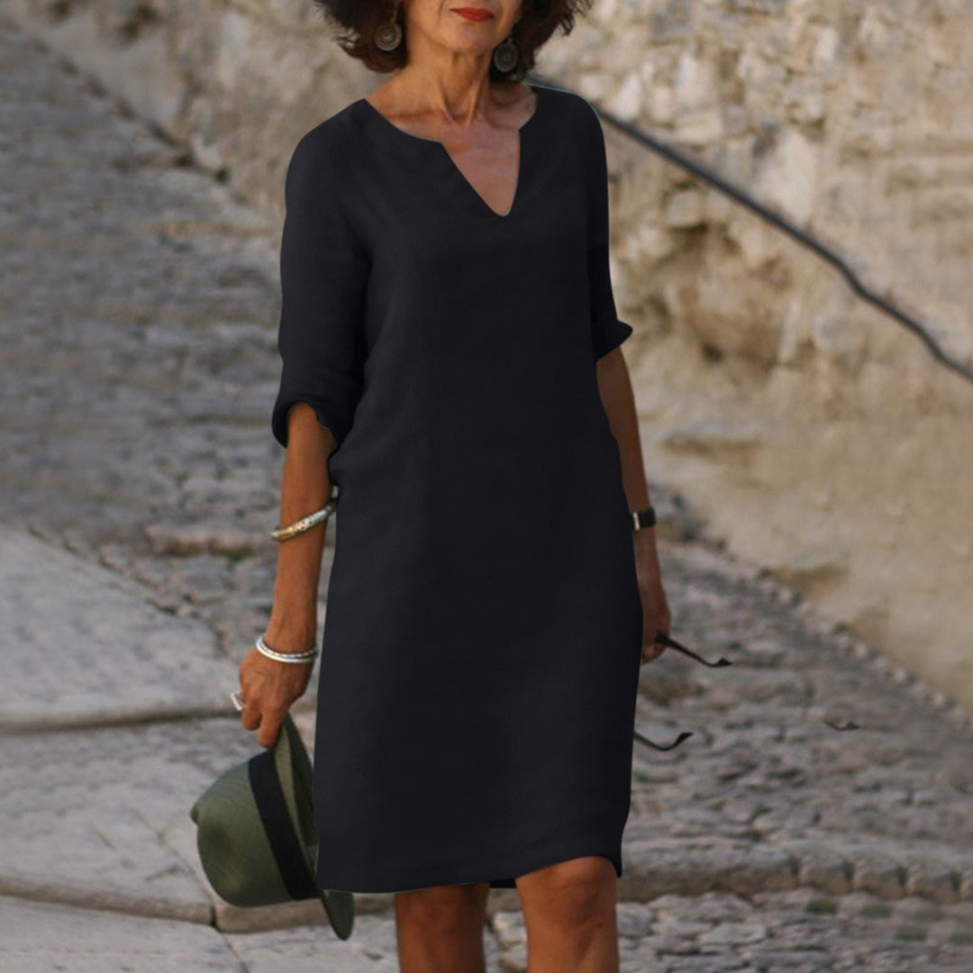 Camille — Comfortable V-Neck Midi Dress With Elegant 3/4 Sleeves