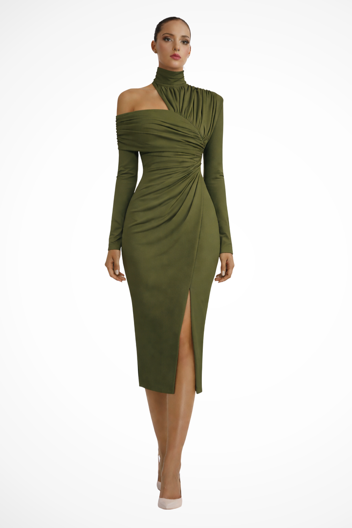 Asymmetricshoulder — Asymmetric One-Shoulder Midi Dress With Structured Draped Wedding Design