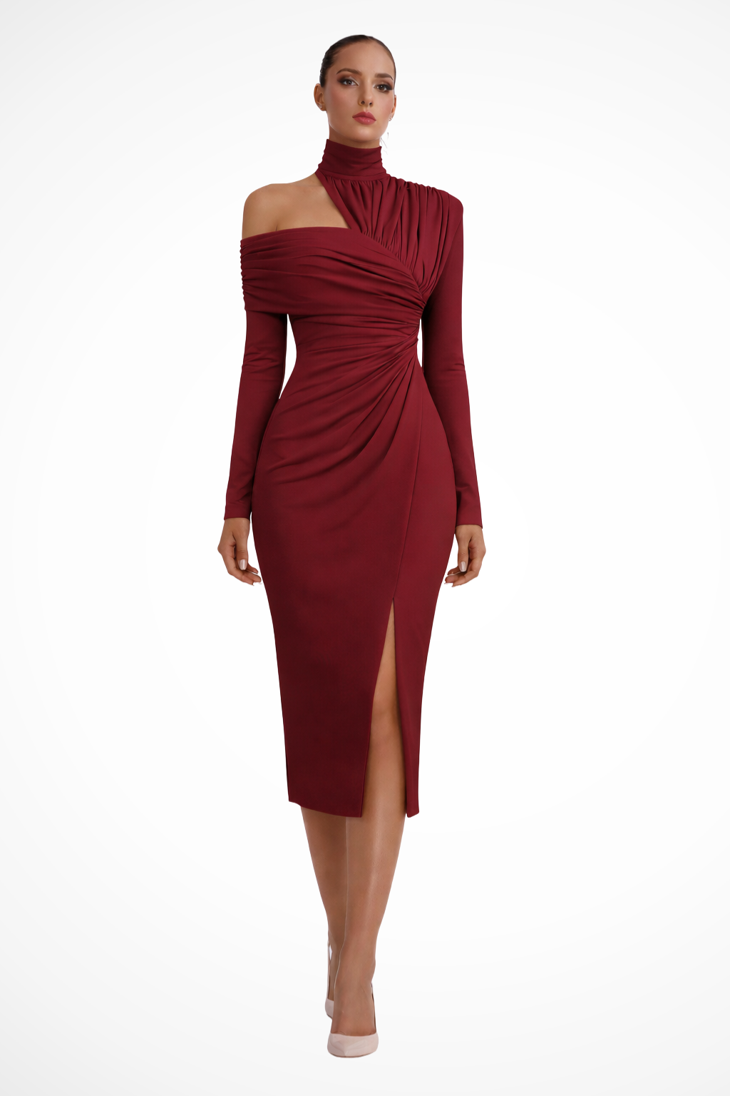 Asymmetricshoulder — Asymmetric One-Shoulder Midi Dress With Structured Draped Wedding Design