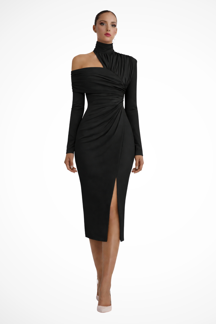 Asymmetricshoulder — Asymmetric One-Shoulder Midi Dress With Structured Draped Wedding Design