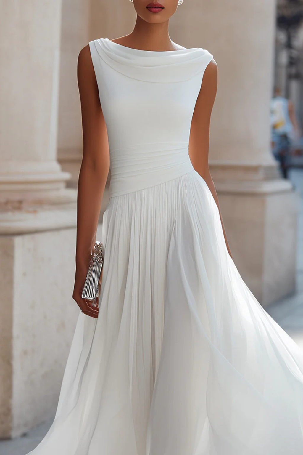 Fittedpleated — Draped Fabric Midi Dress With Fitted Pleated Wedding Guest Design