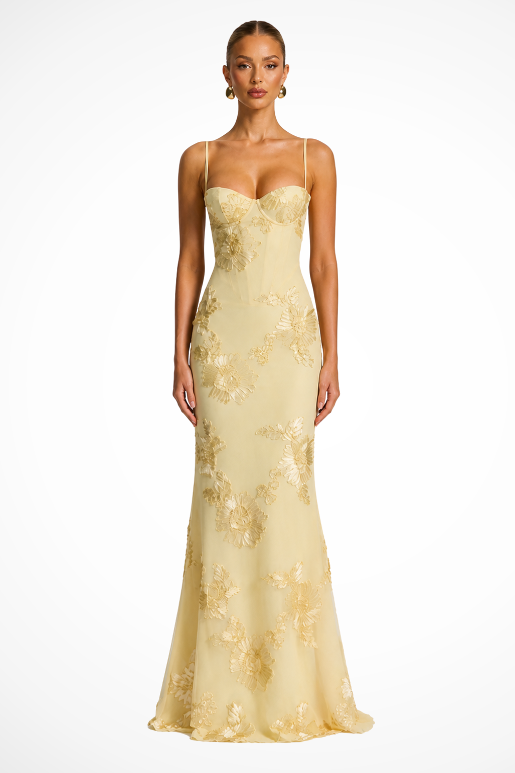 Embroideredcorset — Floral Embroidered Maxi Dress With Structured Corset Cami Gown Design