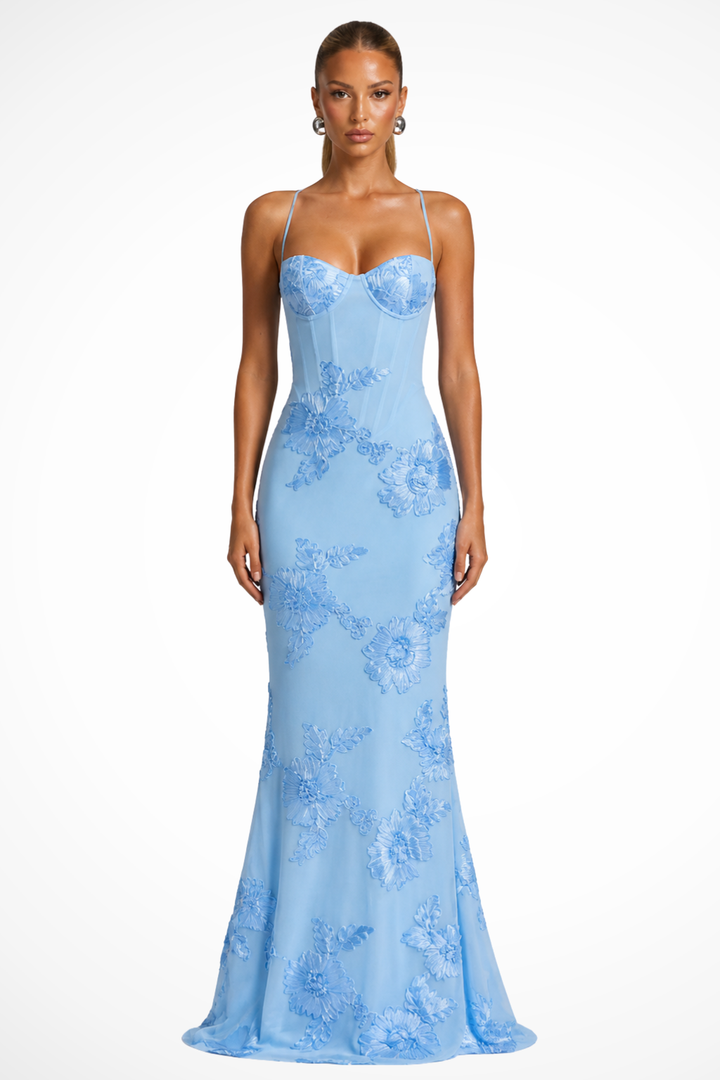 Embroideredcorset — Floral Embroidered Maxi Dress With Structured Corset Cami Gown Design