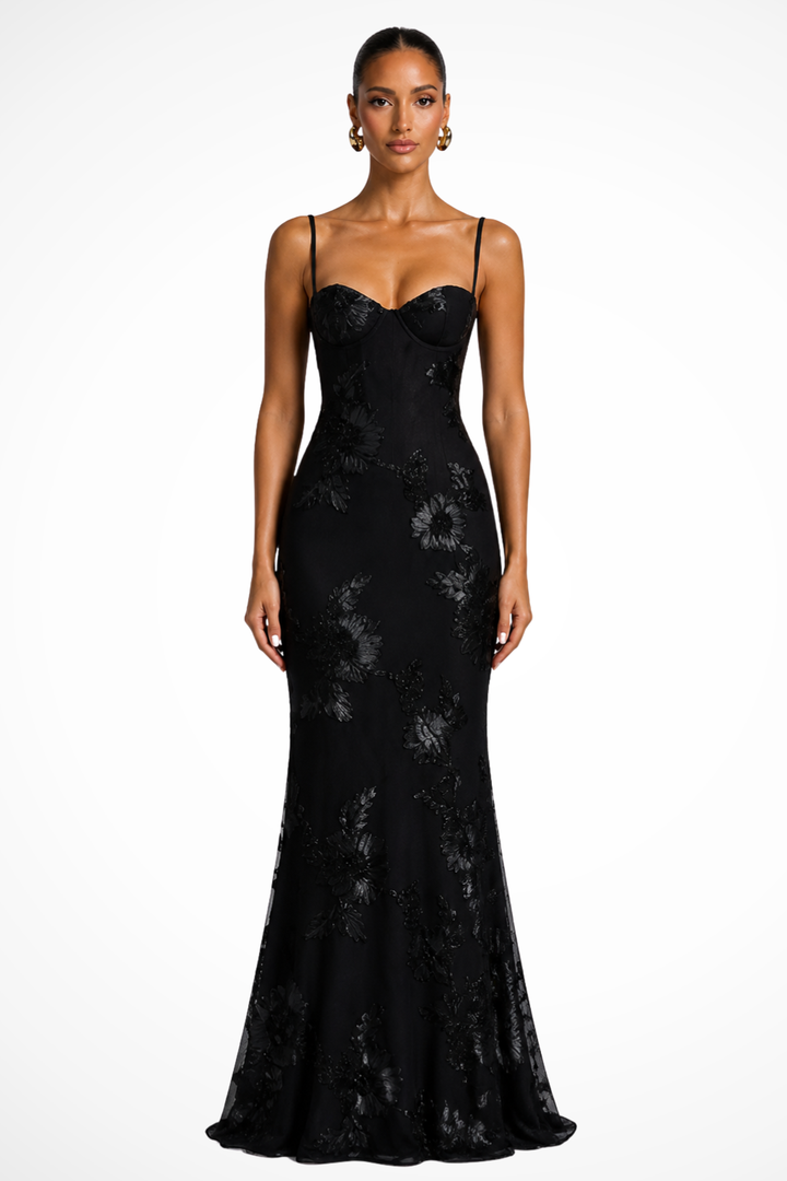 Embroideredcorset — Floral Embroidered Maxi Dress With Structured Corset Cami Gown Design