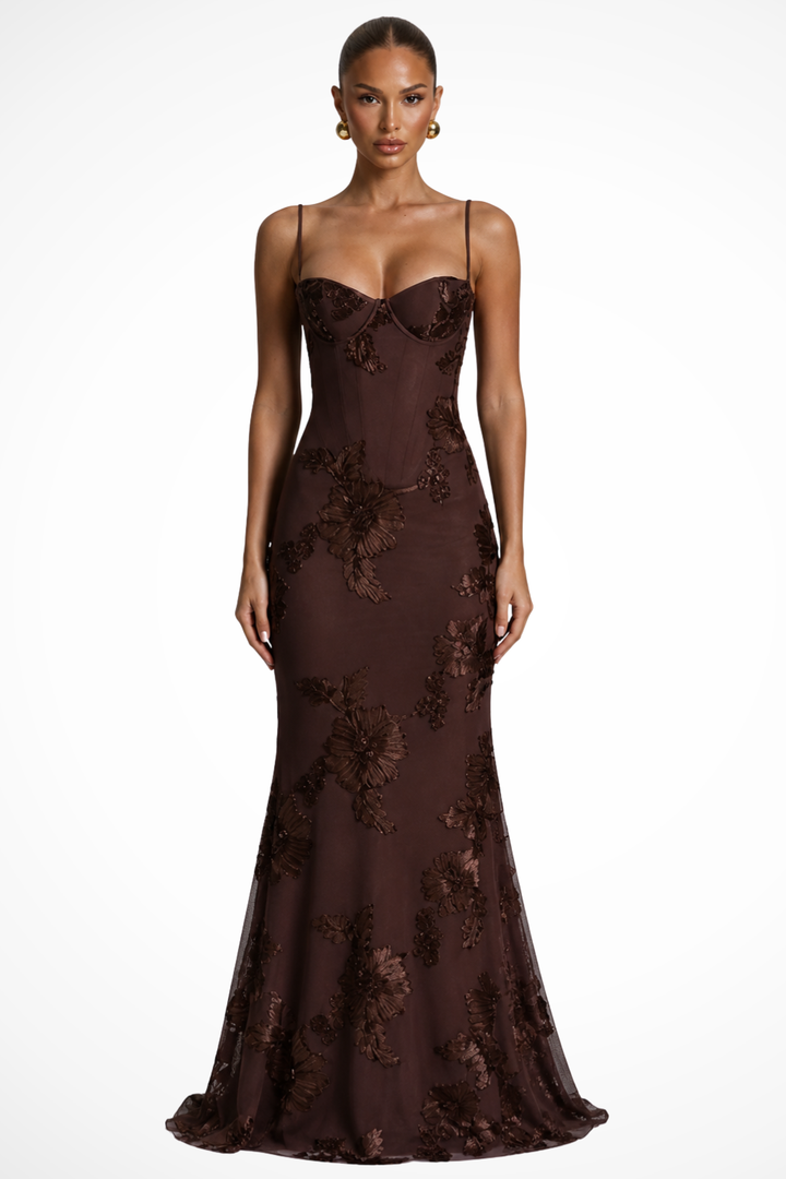 Embroideredcorset — Floral Embroidered Maxi Dress With Structured Corset Cami Gown Design