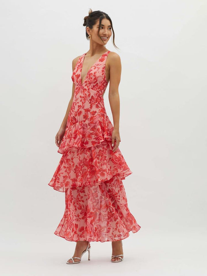 Wilhelmina — Floral Print Tiered Maxi Dress For Flowing Summer Gown Style