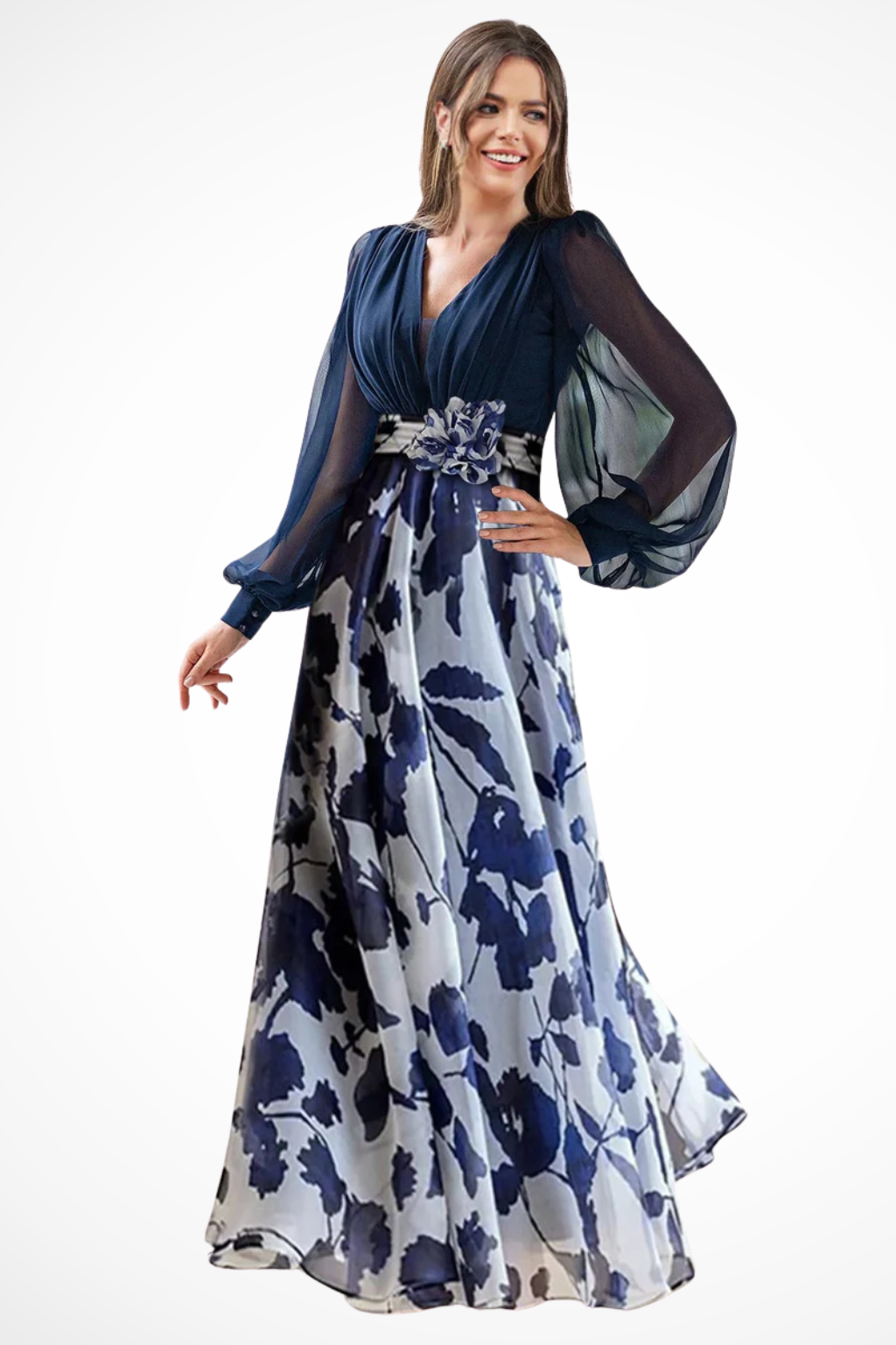 Balloonsleeve — Floral Print Maxi Dress With V-Neck Balloon Sleeve Evening Gown Design