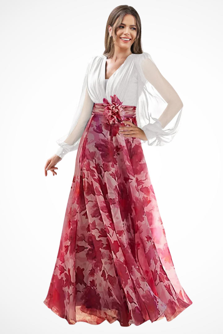 Balloonsleeve — Floral Print Maxi Dress With V-Neck Balloon Sleeve Evening Gown Design