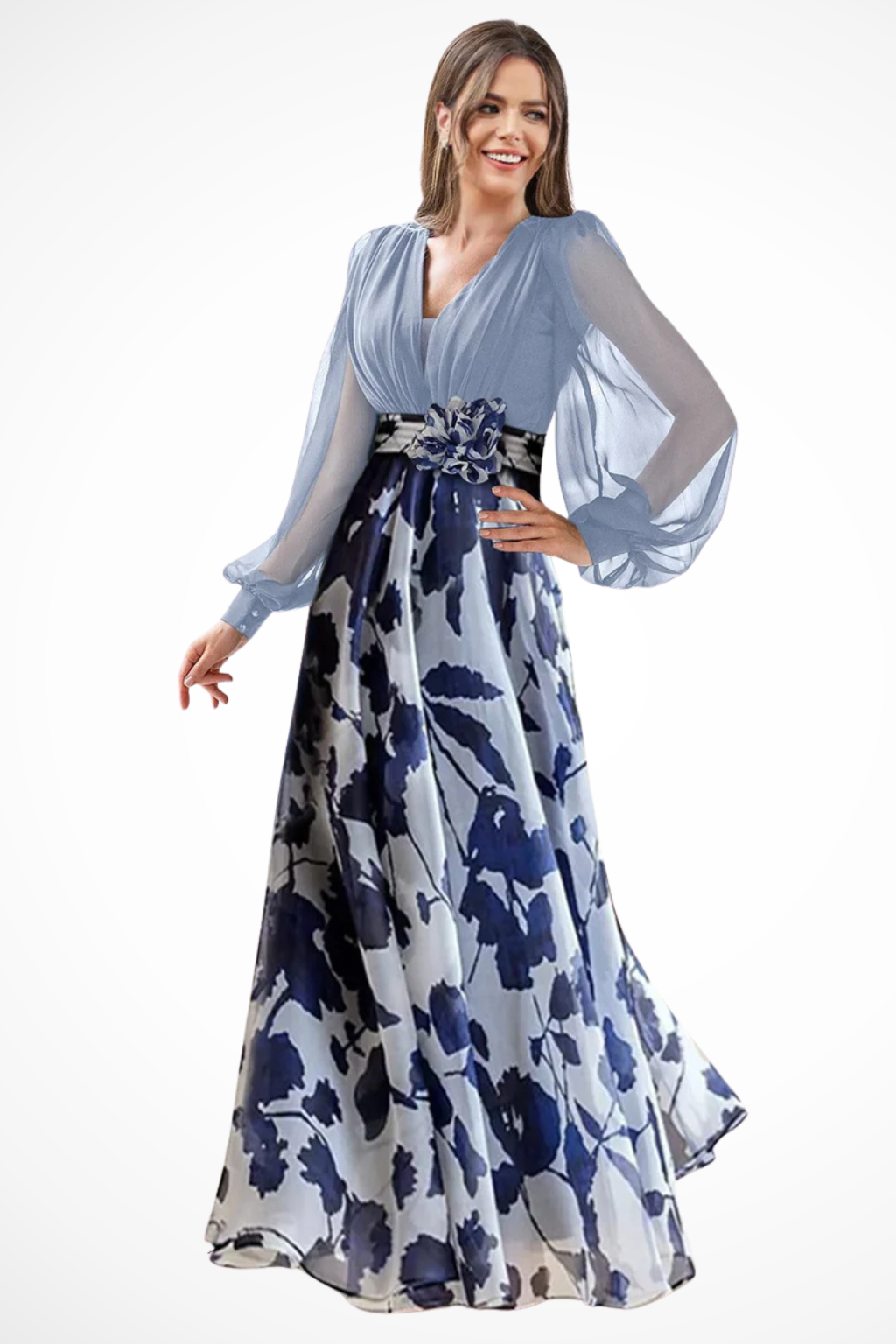 Balloonsleeve — Floral Print Maxi Dress With V-Neck Balloon Sleeve Evening Gown Design