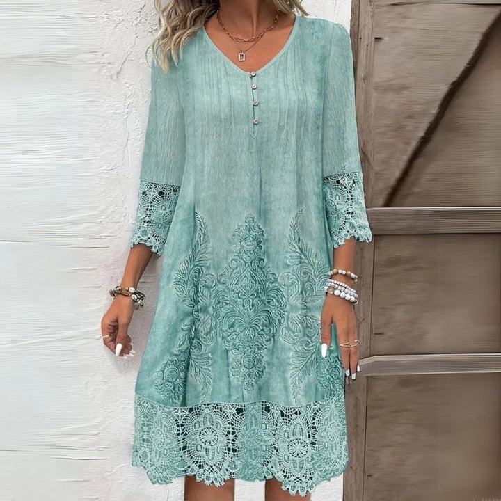 Marisol — Floral Print Midi Dress With Elegant Structured Embroidered Accents