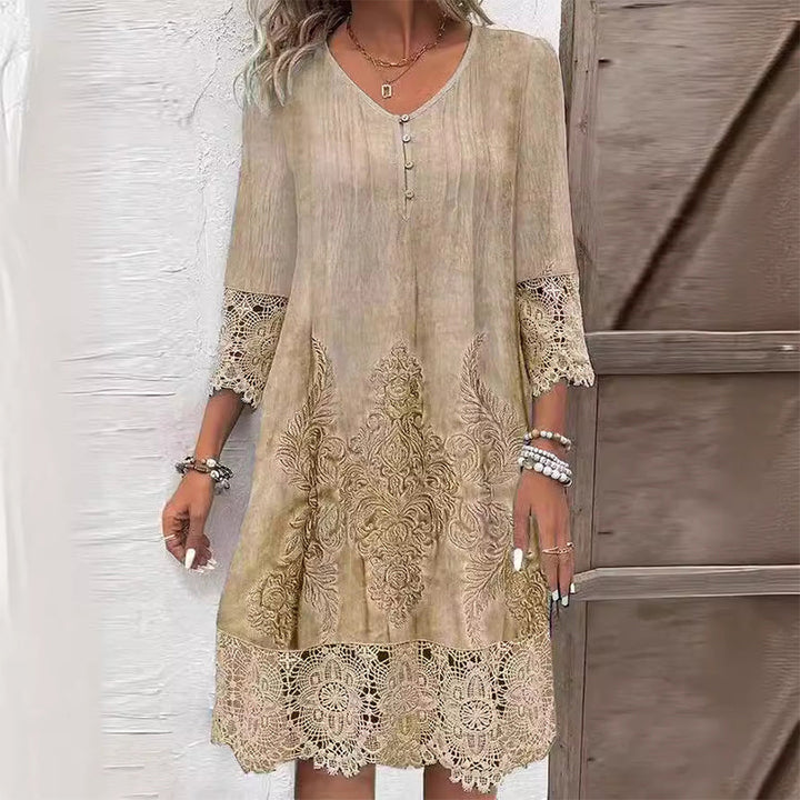 Marisol — Floral Print Midi Dress With Elegant Structured Embroidered Accents