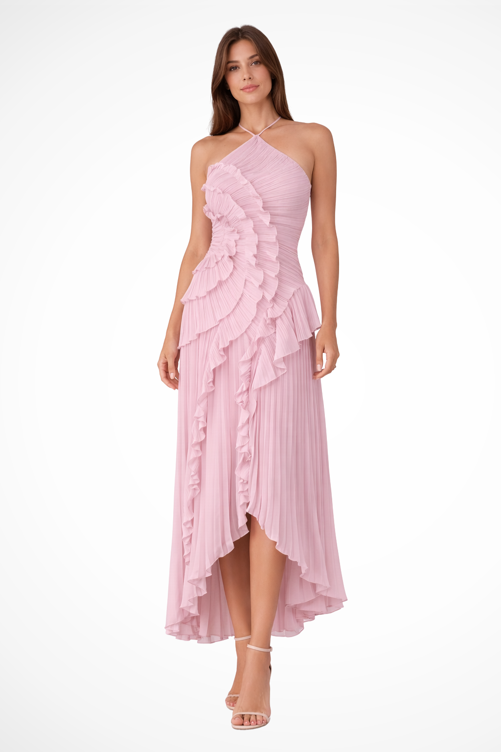 Layeredruffle — Pleated Fabric Maxi Dress With Layered Ruffle Halter Style For Wedding Guests