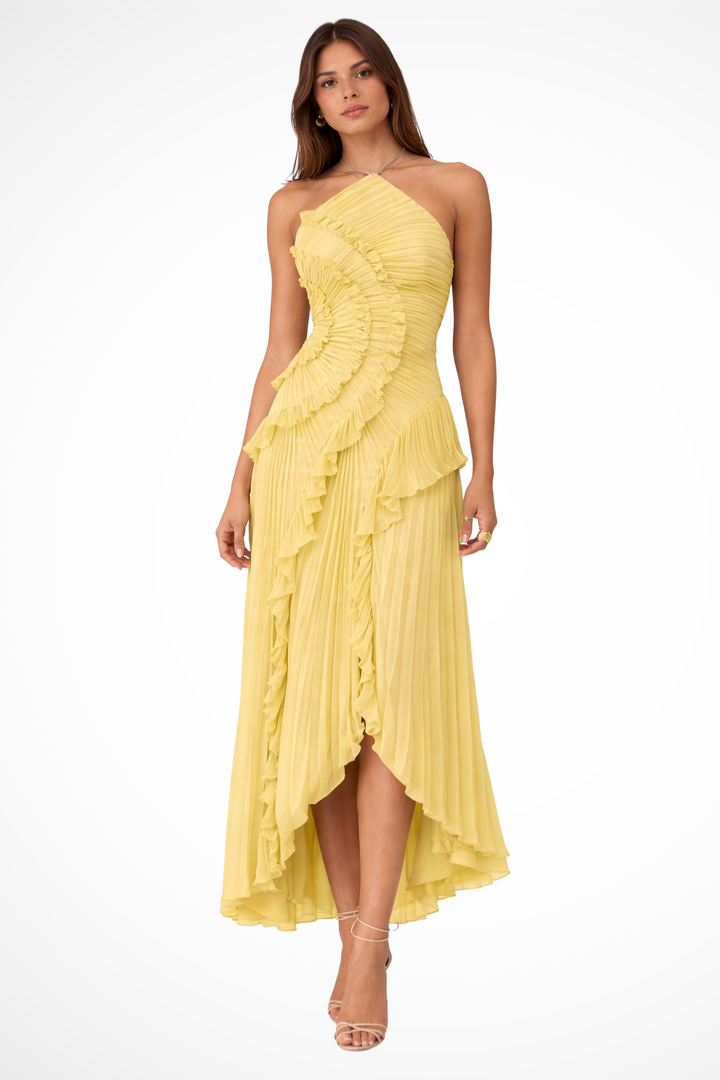 Layeredruffle — Pleated Fabric Maxi Dress With Layered Ruffle Halter Style For Wedding Guests