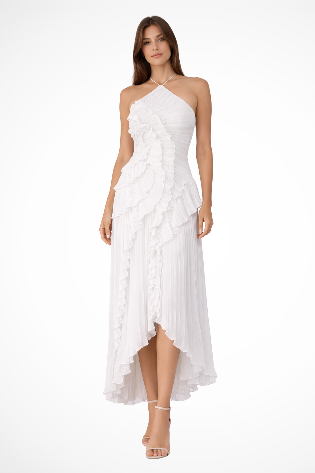 Layeredruffle — Pleated Fabric Maxi Dress With Layered Ruffle Halter Style For Wedding Guests