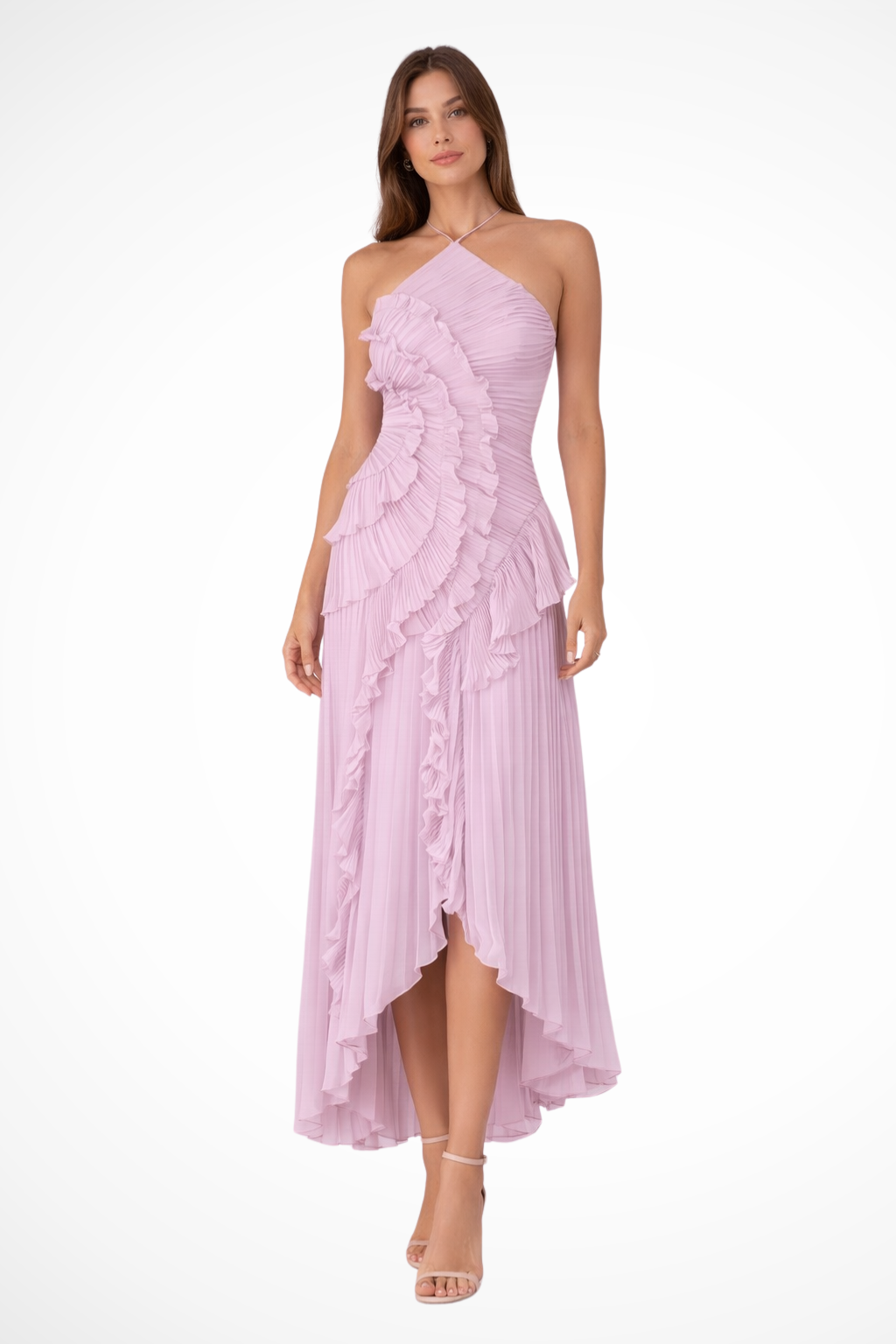 Layeredruffle — Pleated Fabric Maxi Dress With Layered Ruffle Halter Style For Wedding Guests