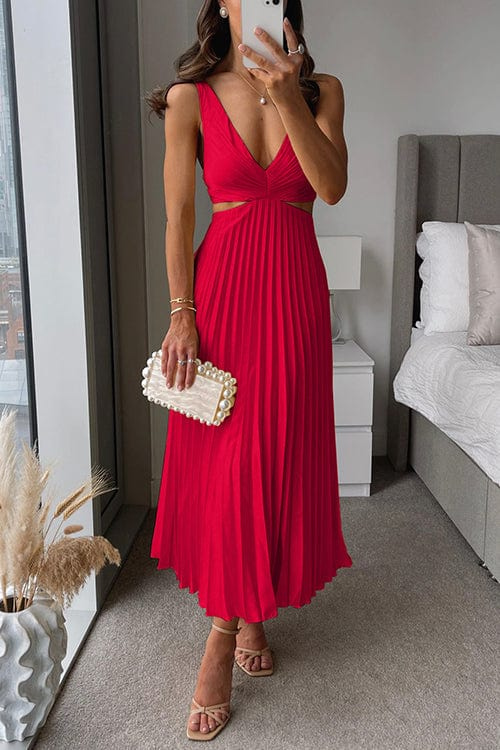 Philippa — Pleated Midi Dress With Elegant Flowing V-Neck Summer Design