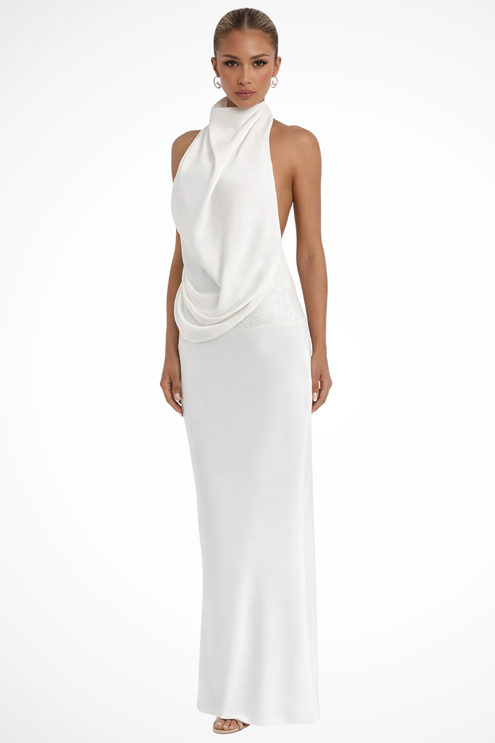 Drapedhalter — Satin Maxi Dress With Draped Halter Neck Evening Gown Design