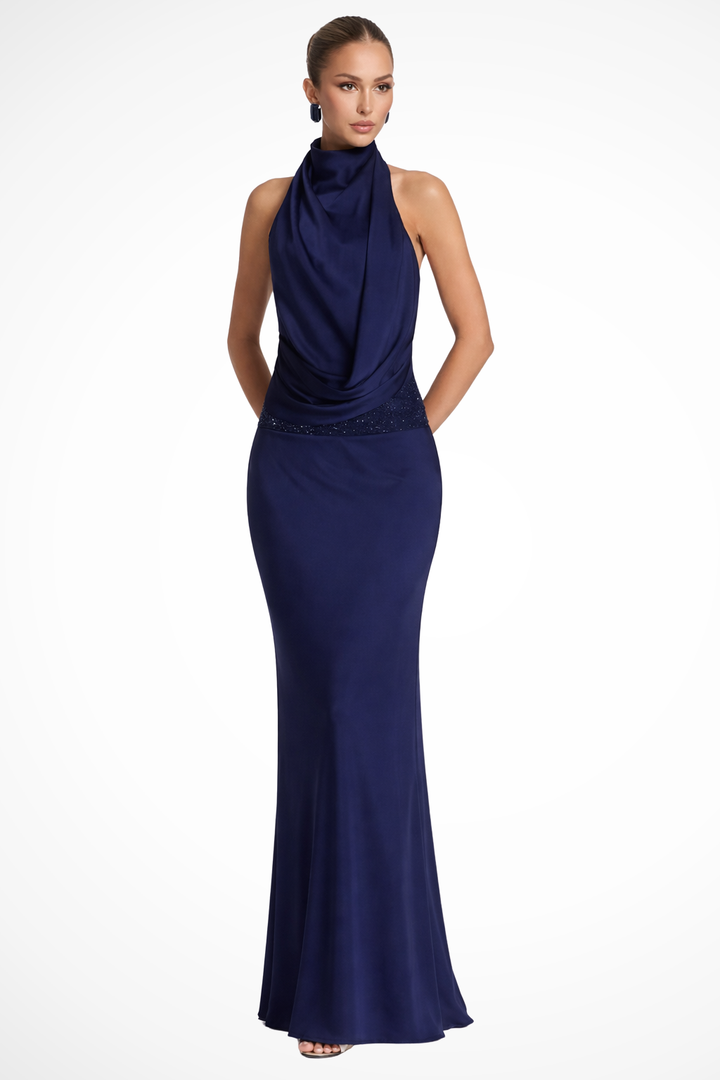 Drapedhalter — Satin Maxi Dress With Draped Halter Neck Evening Gown Design