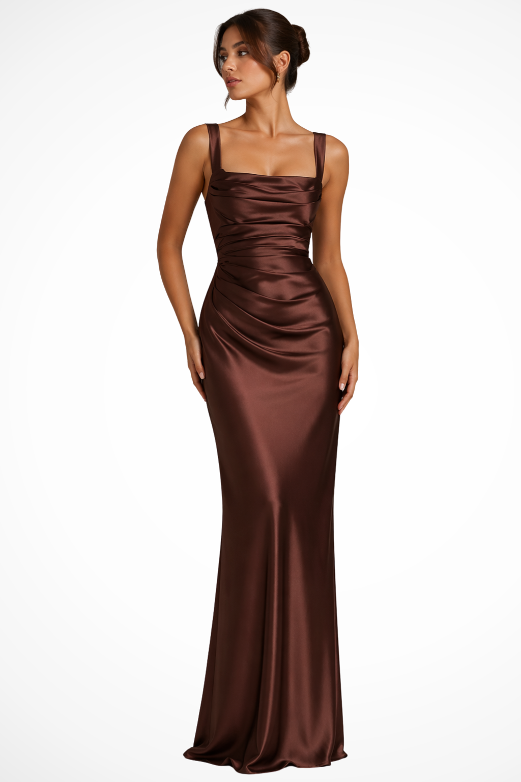 Ruchedsquare — Satin Maxi Dress With Structured Square Neck Ruched Design