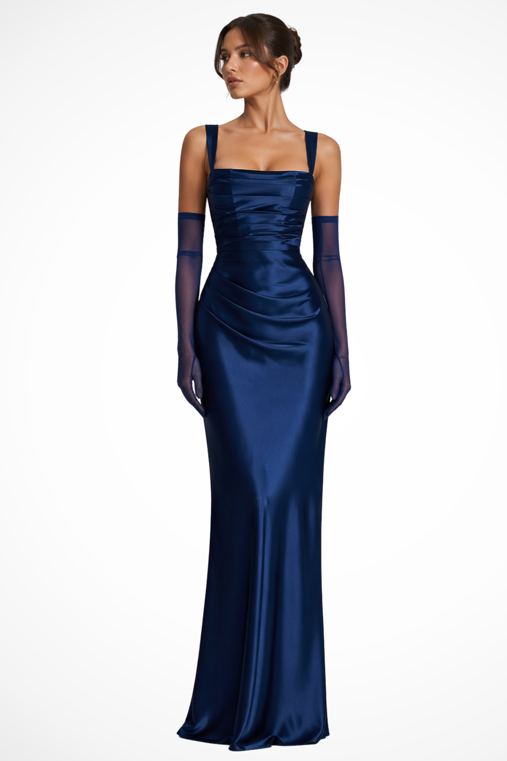 Ruchedsquare — Satin Maxi Dress With Structured Square Neck Ruched Design