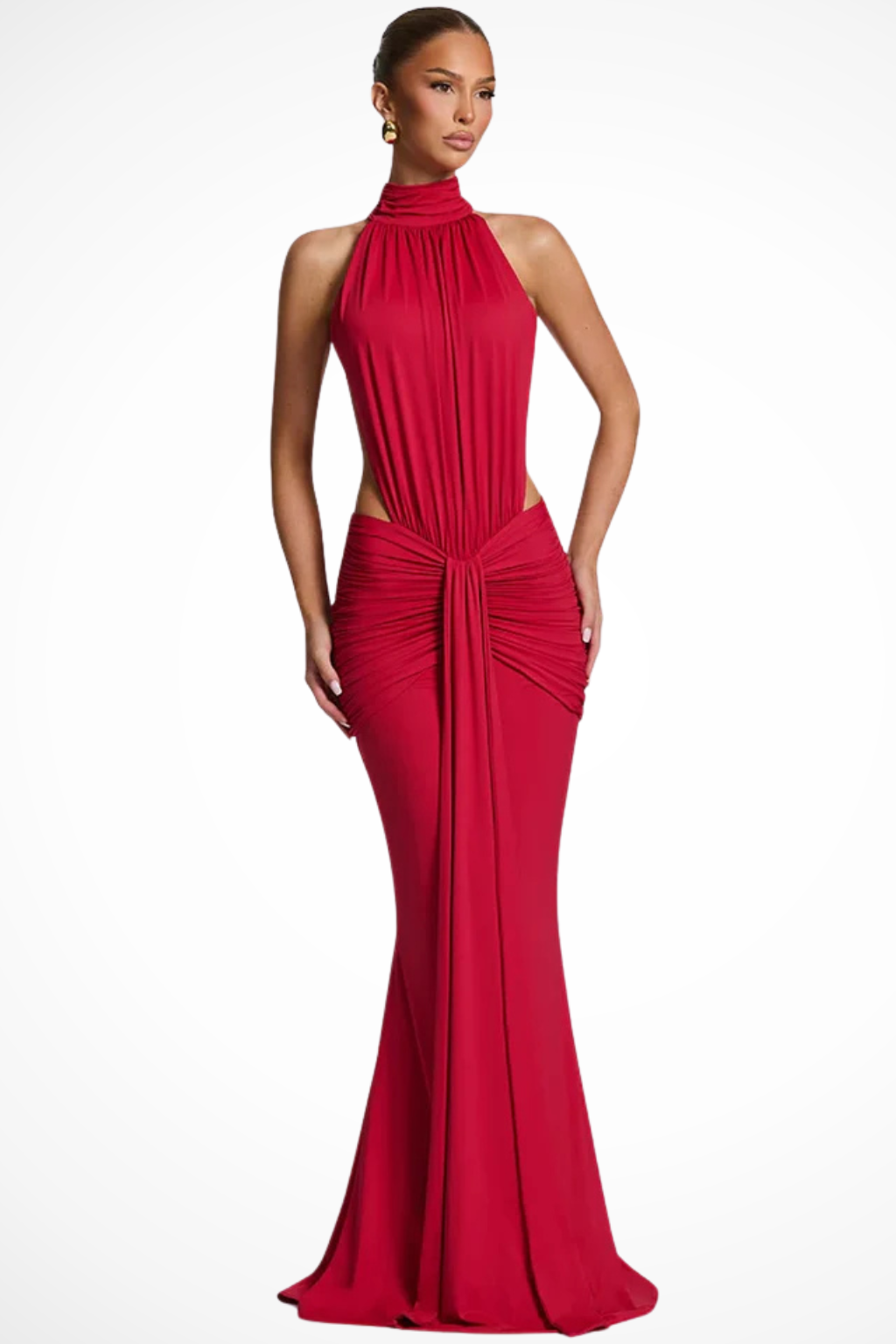 Backlesshigh — Soft Draped Maxi Dress With High Neck Backless Wedding Design