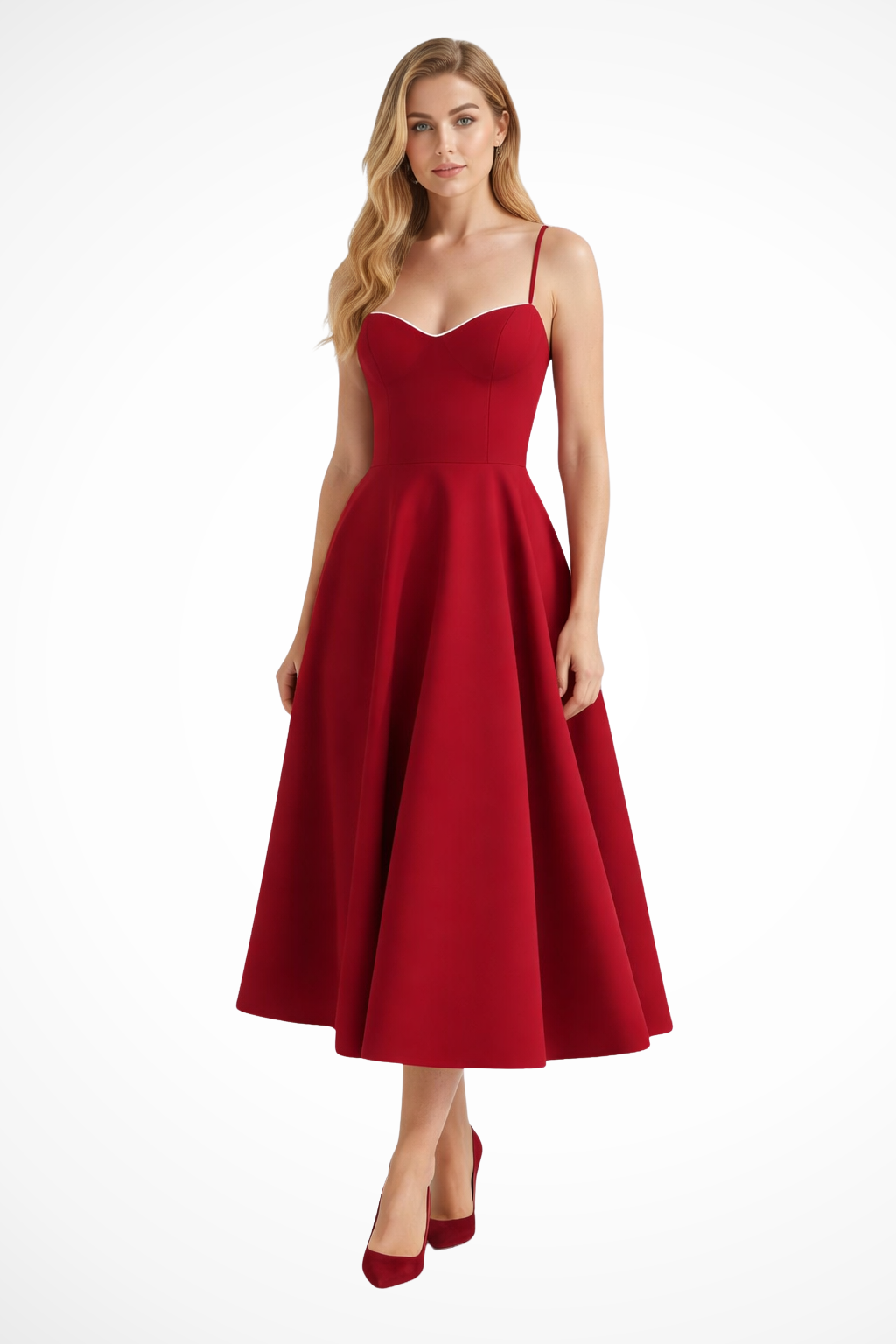 Flaredcorset — Structured Corset Midi Dress With Flared Elegant Formal Gown Design