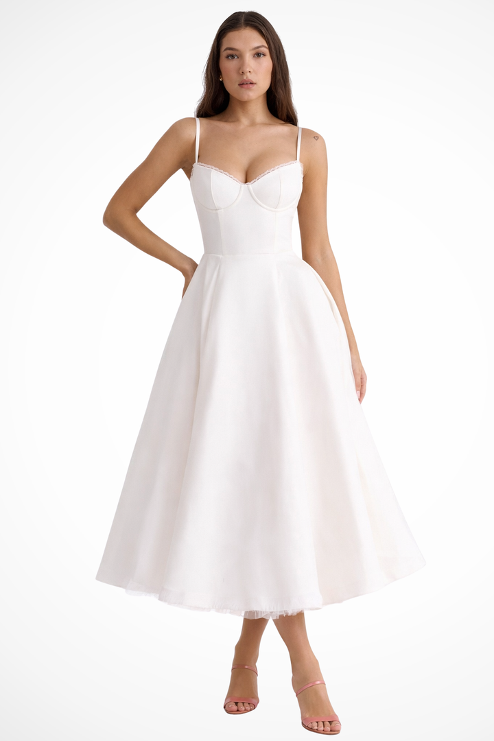 Flaredcorset — Structured Corset Midi Dress With Flared Elegant Formal Gown Design