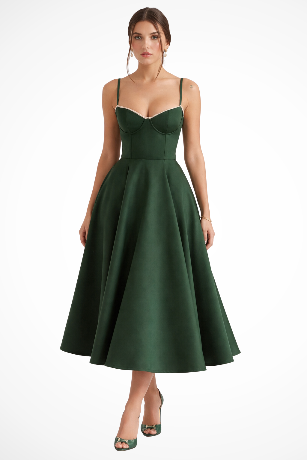 Flaredcorset — Structured Corset Midi Dress With Flared Elegant Formal Gown Design