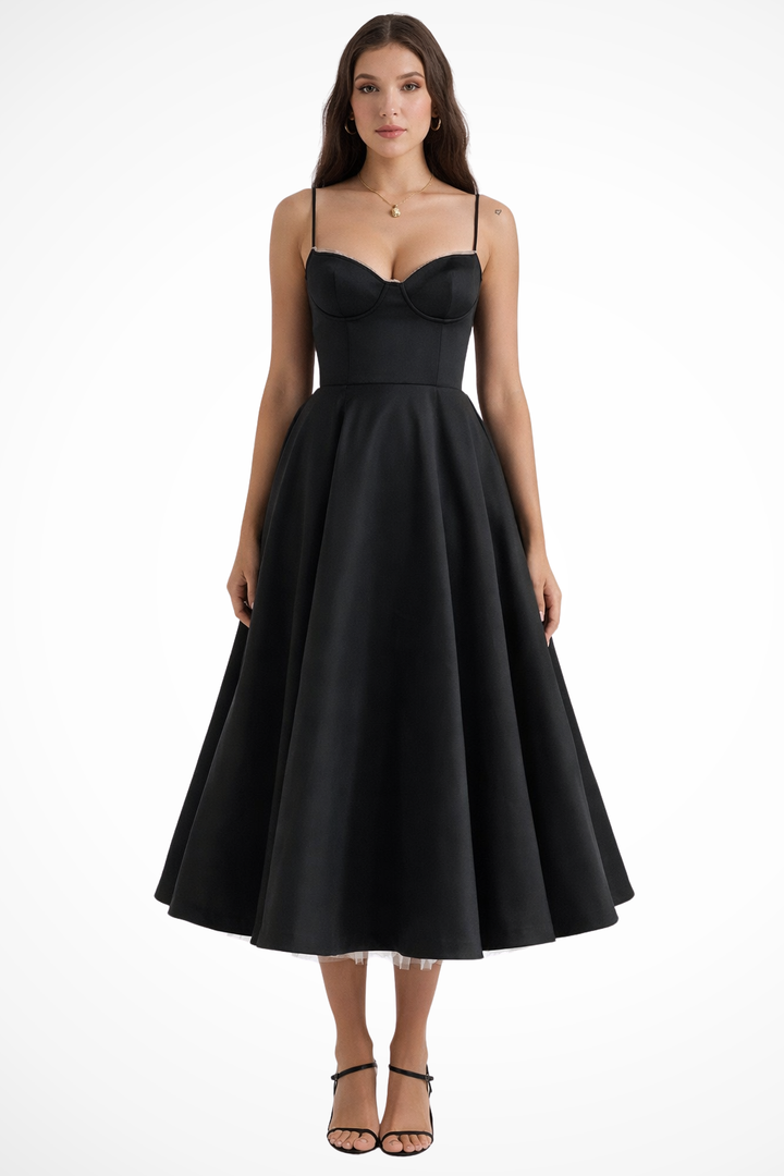 Flaredcorset — Structured Corset Midi Dress With Flared Elegant Formal Gown Design