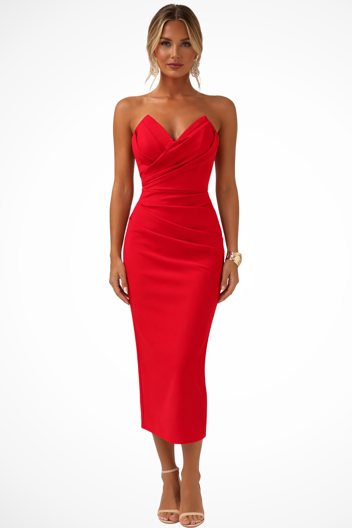Henrietta — Structured Midi Dress With Elegant Strapless Sweetheart Neckline