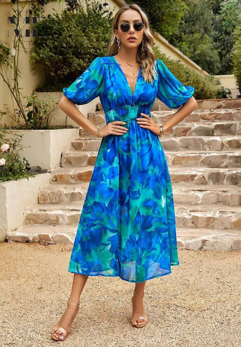 Valentina — Floral Print A-Line Midi Dress With Elegant V-Neck Design