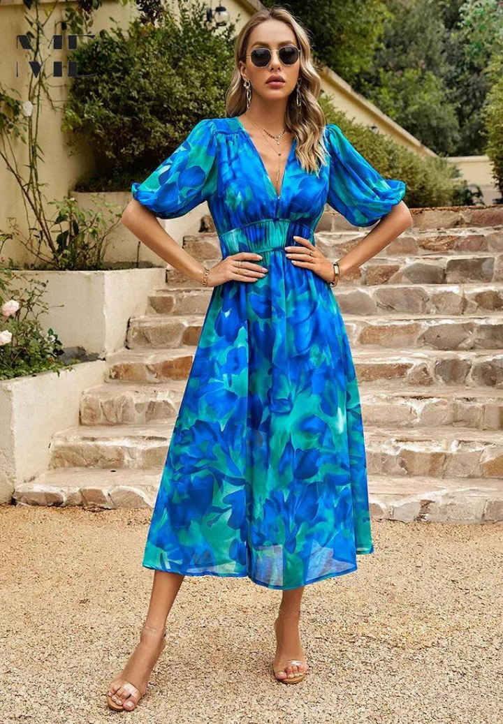 Valentina — Floral Print A-Line Midi Dress With Elegant V-Neck Design