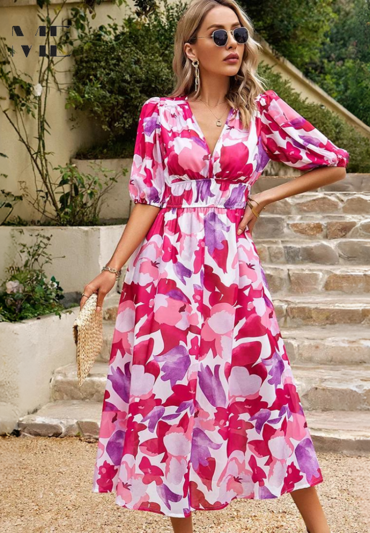 Valentina — Floral Print A-Line Midi Dress With Elegant V-Neck Design